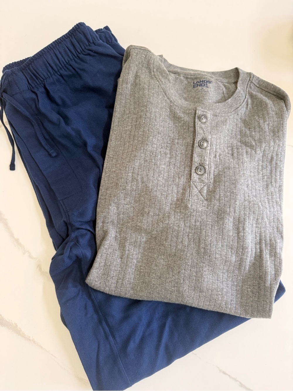 Lands' End Men's PJ set: Grey Ribbed Henley & Navy Flannel Lounge Pants Medium